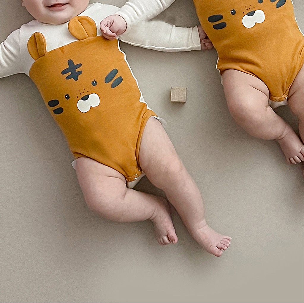 【FCUC20240318013】2024春夏新款韓版嬰兒連體衣ins款老虎拼色造型哈衣寶寶包屁衣