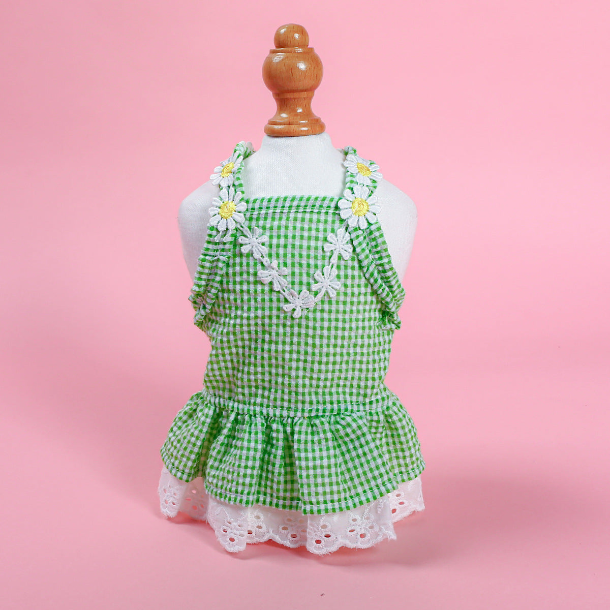 D館【3303192391】春夏花邊小花朵蕾絲迷你藍格太陽裙