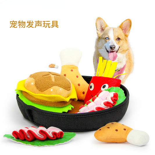 D館【0-25】創意新款寵物發聲玩具漢堡熱狗餐盤藏食可拆卸狗狗潔齒耐咬玩具