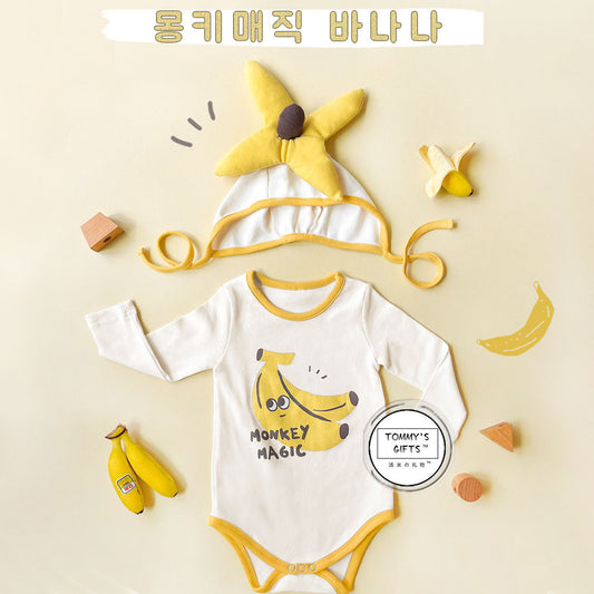 【FCUC20240318009】2024秋季韓版嬰兒連身衣ins款香蕉造型印花哈衣寶寶包屁衣帶帽子