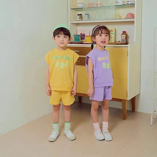 【23106】韓國童裝時髦兄妹套裝男女童韓版夏季純棉無袖純棉兩件套童裝