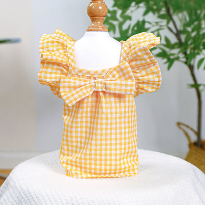 D館【1688-001】紅格蝴蝶結薄款寵物衣服娃娃衫貓咪服飾