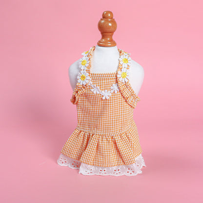D館【3303192391】春夏花邊小花朵蕾絲迷你藍格太陽裙