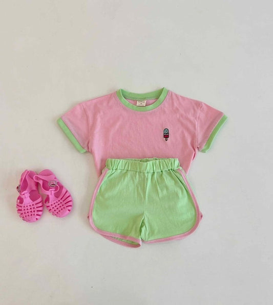 【23032】韓版寶寶短袖套裝夏季兒童拼色休閒純棉ins童裝批發小童衣服