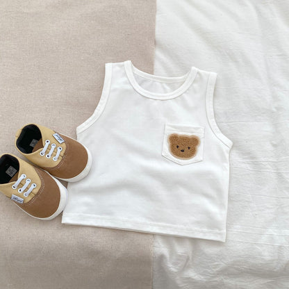 【k2758】INS夏季薄款嬰兒圓領背心套裝卡通小熊T恤上衣潮童牛仔短褲兩件套