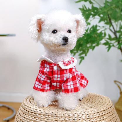 D館【3303190651】薄款舒適透氣中小型犬幼犬裙子三隻熊學生裙紅格
