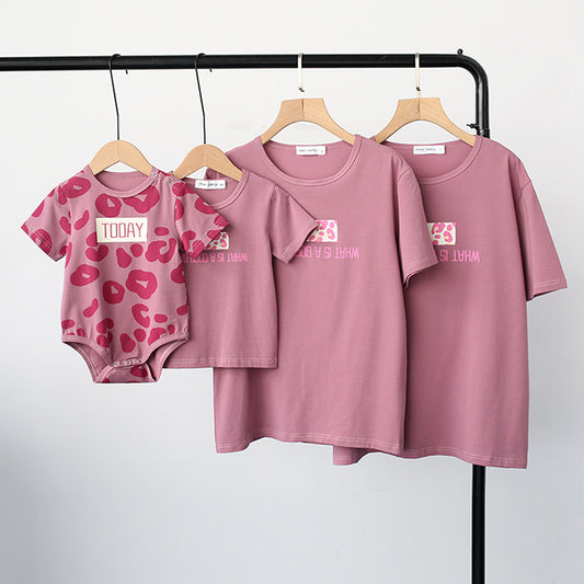 【MG2023061200082】2023新款親子裝豹紋粉色棉夏季家庭裝