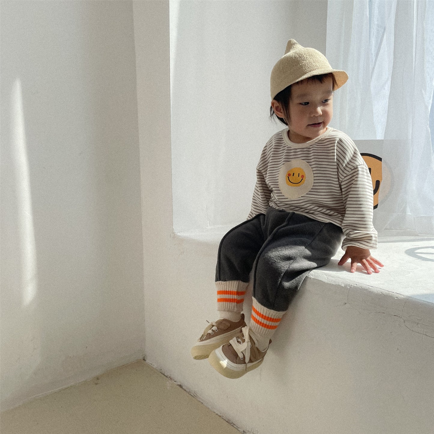 【22900】寶寶條紋衛衣秋裝新款韓版卡通笑臉圓領兒童衛衣