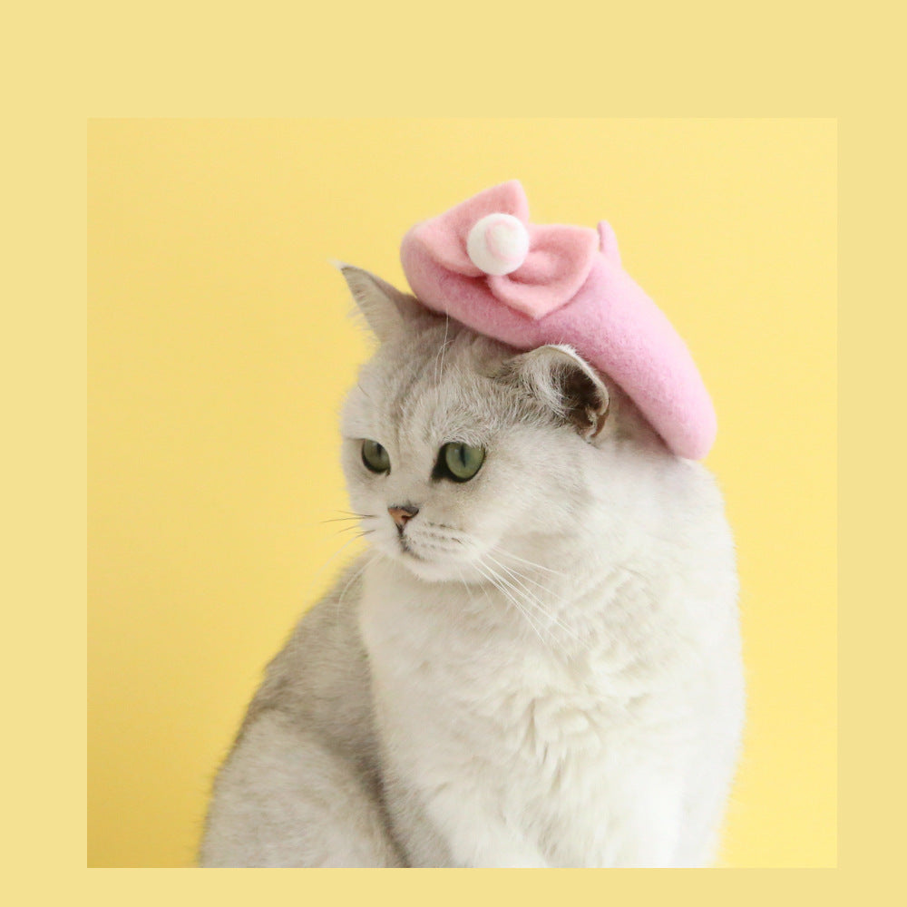 D館【IXDUJ20230501003】寵物貓咪羊毛畫家蓓蕾小帽子蝴蝶結櫻桃可愛公主畫家帽