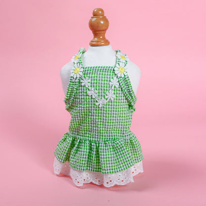 D館【3303192391】春夏花邊小花朵蕾絲迷你藍格太陽裙