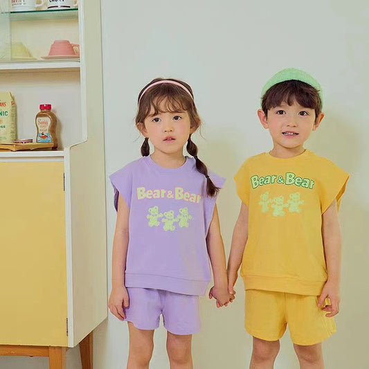 【23106】韓國童裝時髦兄妹套裝男女童韓版夏季純棉無袖純棉兩件套童裝