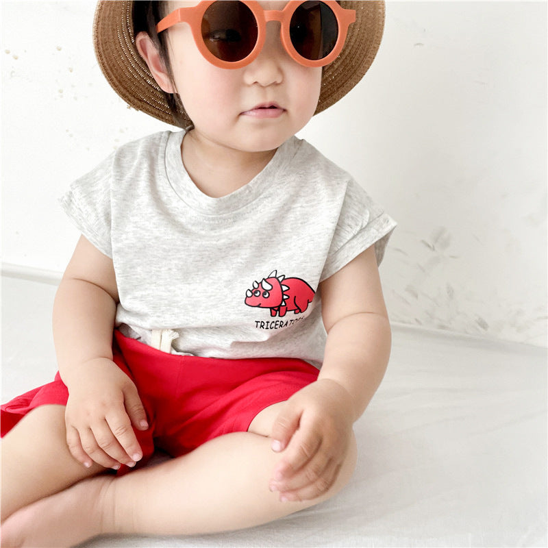 【22125】韓國童裝男女寶寶夏季套裝小童無袖恐龍t短褲兩件套夏天兄妹裝
