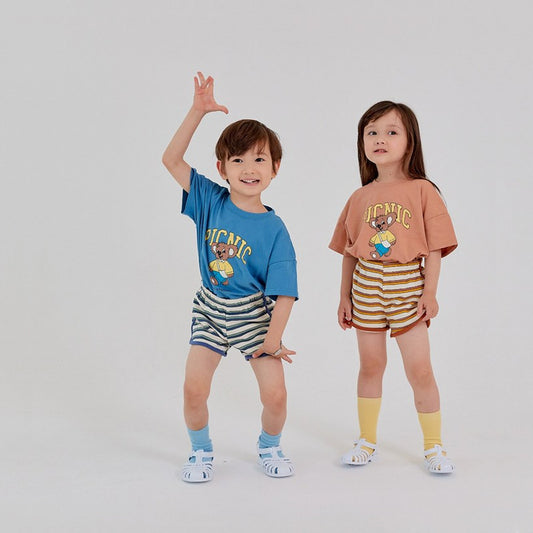 【22308】ins韓國童裝女童裝小童夏季套裝純棉韓版小熊條紋兄妹夏季兩件套