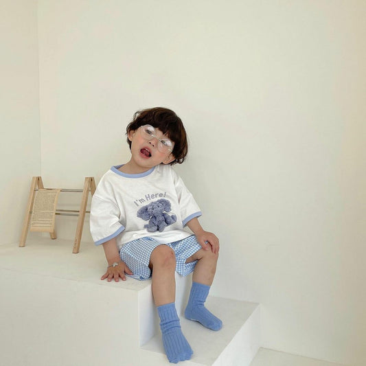 【23042】韓版夏裝新款卡通短袖t恤格子短褲套裝女童洋氣上衣夏季兄妹裝