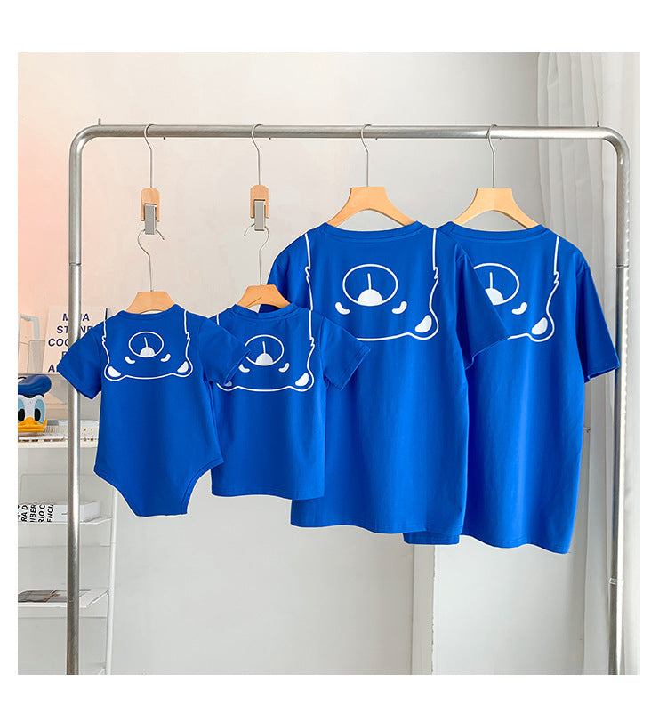 【MG2023061200065】親子裝夏裝2023新款hello藍色小熊一家三口四口短袖T恤