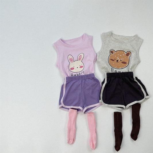 【23014】韓國童裝寶寶夏季無袖套裝純棉卡通小童夏天兒童衣服姐弟裝