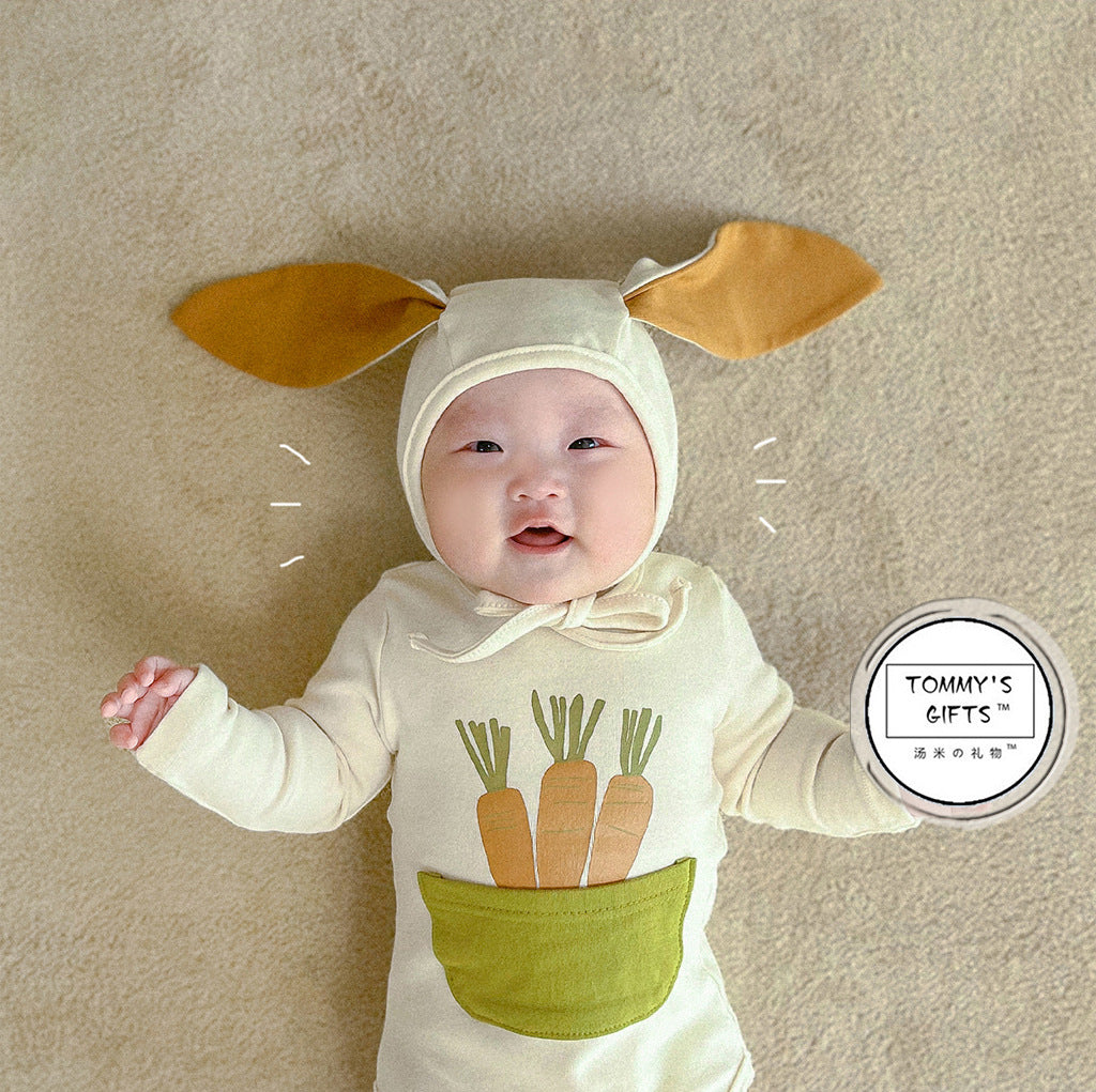 【FCUC20240318002】ins款韓版2024春季新款可愛胡蘿蔔印花兔子造型嬰兒連身衣
