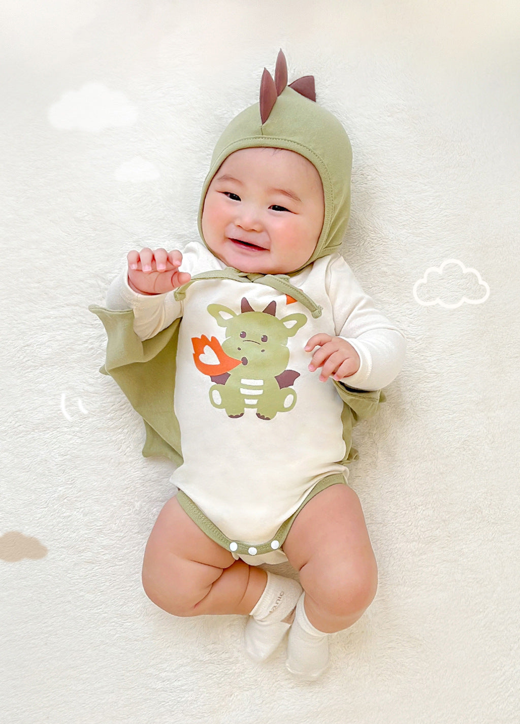 【FCUC20240318003】24春季新款韓版嬰兒連身衣ins風噴火龍印花造型哈衣寶寶包屁衣