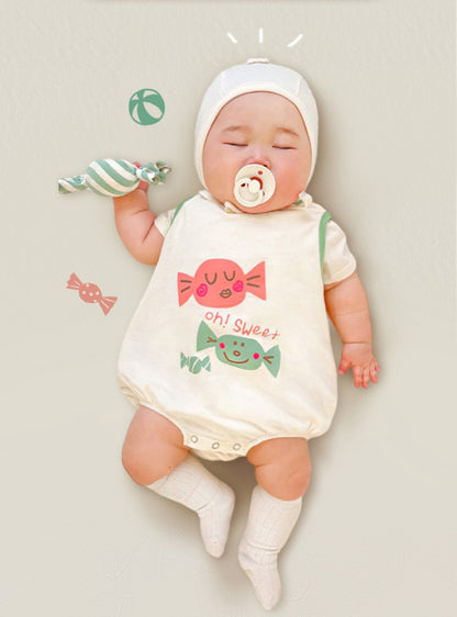 【FCUC20240318006】24春夏新款嬰兒連身衣ins韓版糖果印花造型哈衣寶寶包屁衣套裝