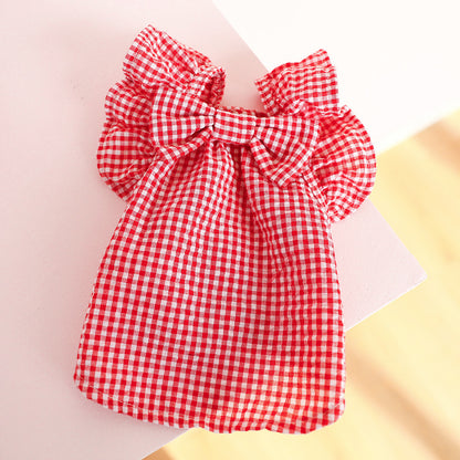 D館【1688-001】紅格蝴蝶結薄款寵物衣服娃娃衫貓咪服飾