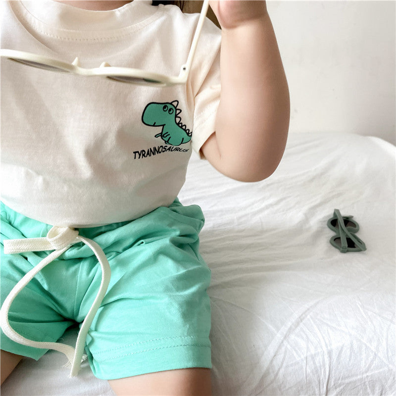 【22125】韓國童裝男女寶寶夏季套裝小童無袖恐龍t短褲兩件套夏天兄妹裝