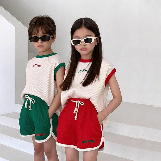 【23011】2023韓國童裝男童夏季新款兒童韓版套裝兩件套女童短袖T卹+短褲