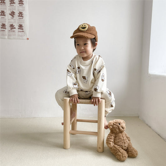 【22528】韓國童裝批發女寶寶套裝秋季小童春天滿印小熊套裝