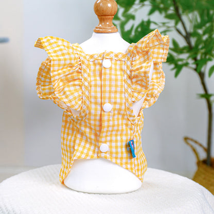 D館【1688-001】紅格蝴蝶結薄款寵物衣服娃娃衫貓咪服飾