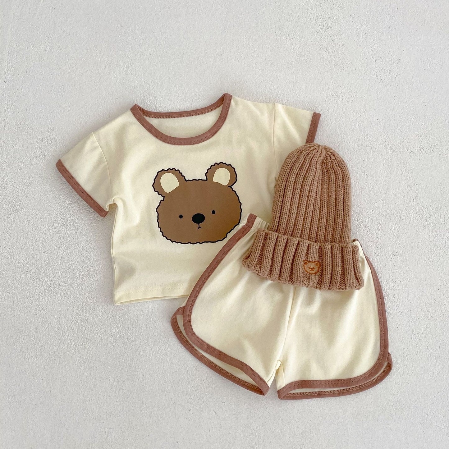 【k2720】ins0-3歲嬰幼兒童夏季休閒套裝寶寶小熊印花短袖上衣+短褲兩件套