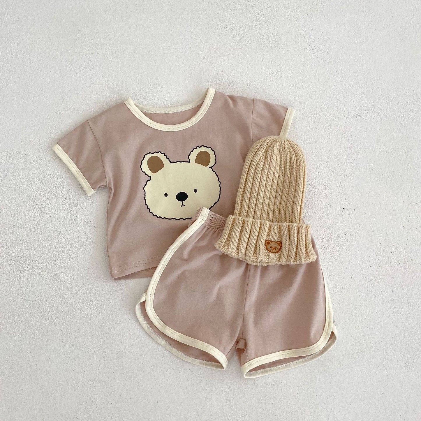 【k2720】ins0-3歲嬰幼兒童夏季休閒套裝寶寶小熊印花短袖上衣+短褲兩件套