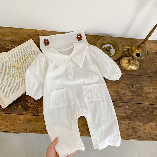 【k5236】ins2023嬰兒連體衣新款男女寶寶簡約純色小熊刺繡翻領哈衣長爬服