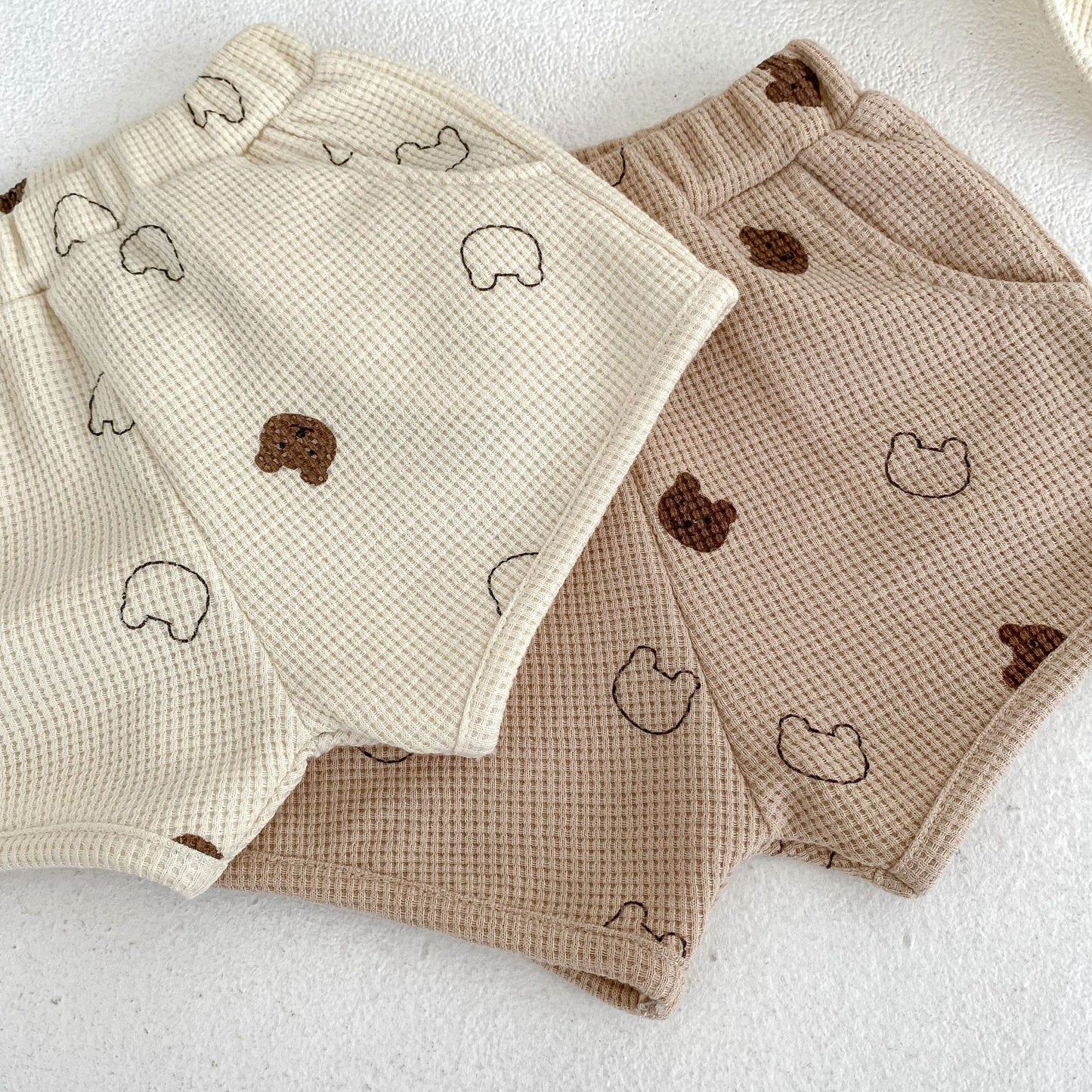 【K5152】ins新款嬰幼兒寶寶短袖套裝全棉華夫格小熊T恤上衣休閒短褲兩件套