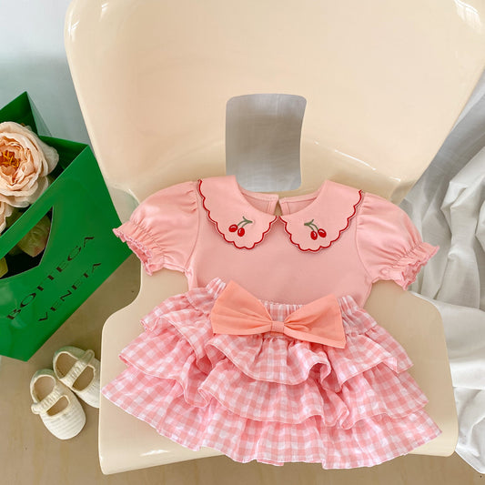 【k2638】ins夏季0-3歲女童短袖t卹嬰幼兒寶寶百搭櫻桃娃娃翻領打底衫短袖