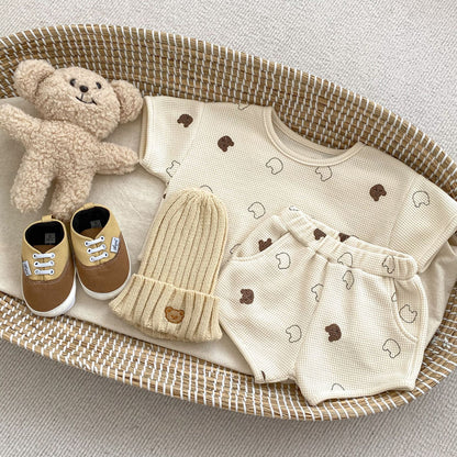 【K5152】ins新款嬰幼兒寶寶短袖套裝全棉華夫格小熊T恤上衣休閒短褲兩件套