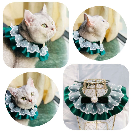 B館【CA0010】跨境寵物蕾絲花邊圍嘴復古光面緞帶貓咪圍兜貓狗聖誕項圈