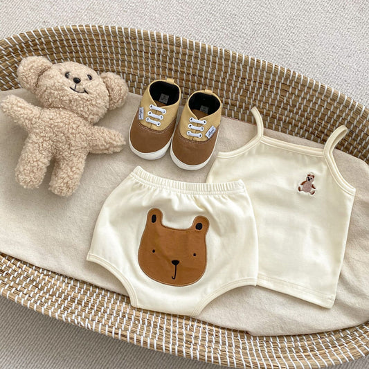 【S23138】ins嬰兒吊帶小背心+小熊繡花大PP麵包短褲套裝寶寶夏季清涼兩件套
